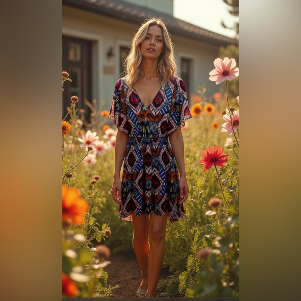 As U Wish Red, Orange, & Blue Ikat Print Dress - Size M